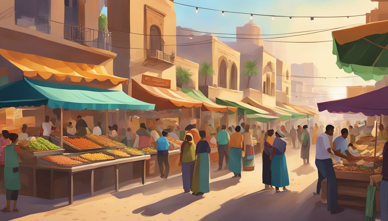 A bustling street market in a desert city, with colorful food stalls serving up traditional and innovative taco creations to a diverse crowd