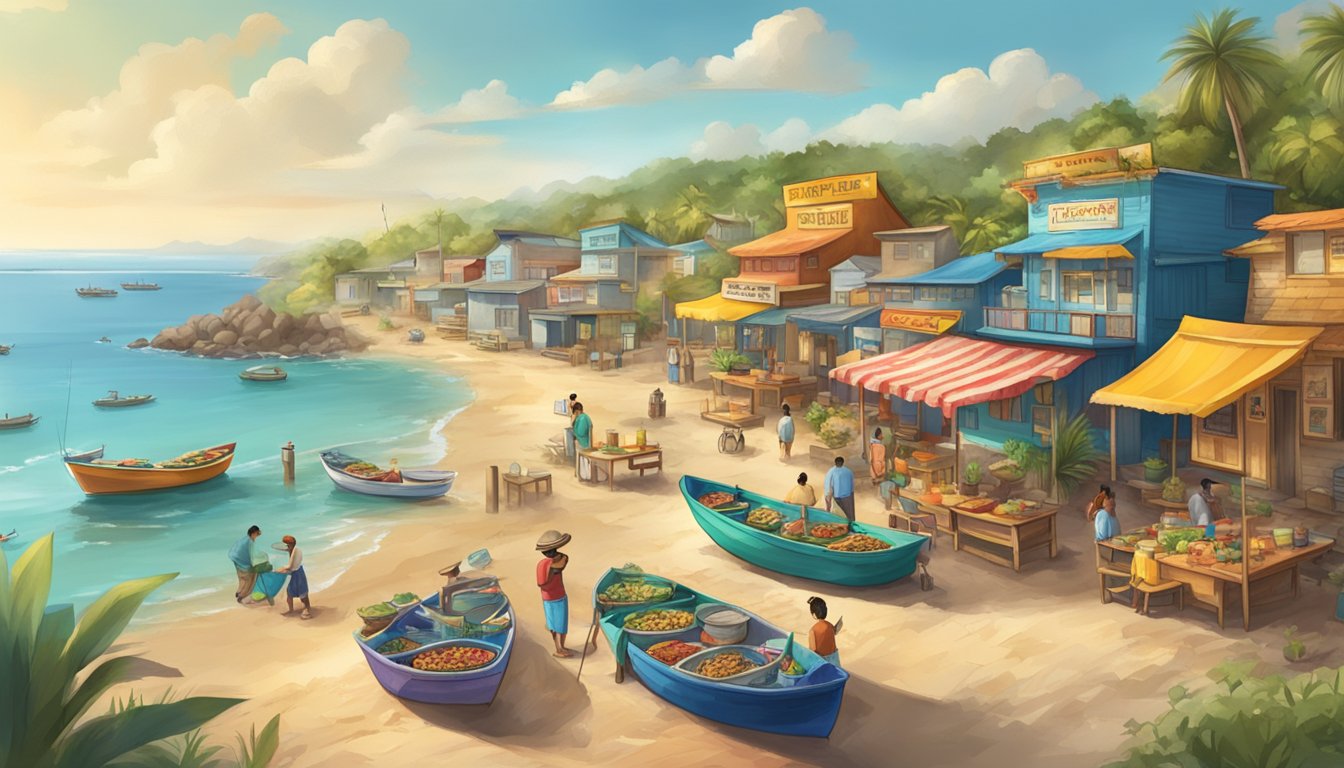 A bustling fishing village with colorful boats, a clean beach, and a taco stand using eco-friendly practices