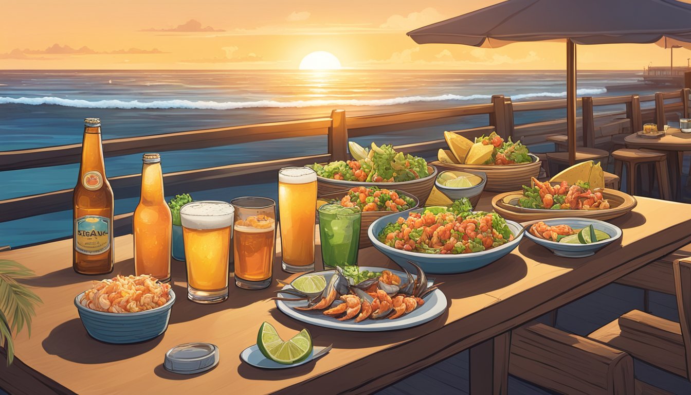 A beachside table displays a spread of fresh seafood tacos alongside local craft beers and fruity cocktails. The sun sets over the ocean in the background