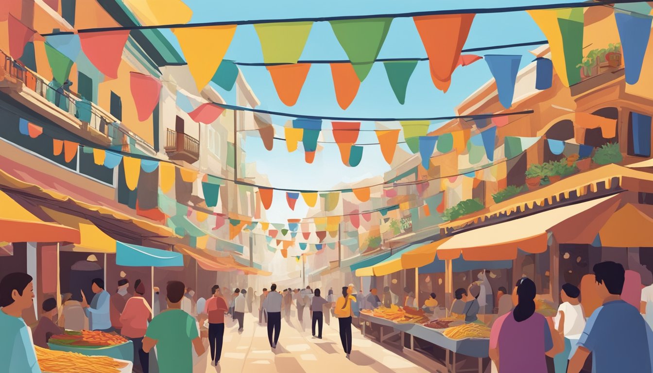 Colorful banners hang above a bustling street lined with food stalls. A mariachi band plays while locals and tourists alike sample an array of delicious tacos