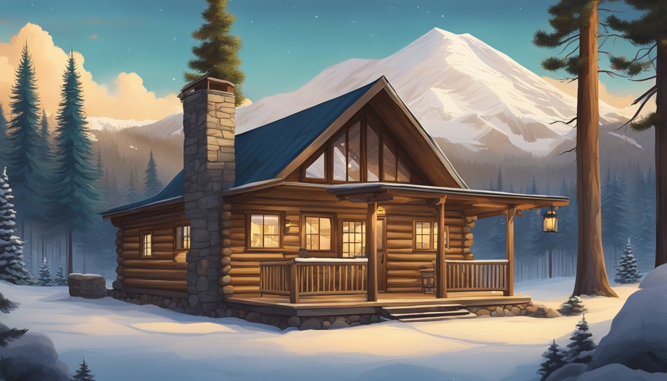 A rustic mountain lodge with a taco stand surrounded by towering pine trees and snow-capped peaks in the background