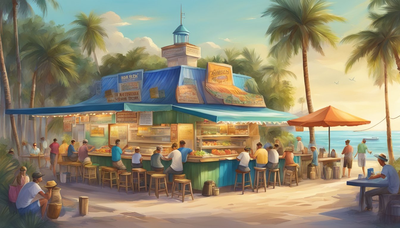 A colorful seaside taco stand bustling with locals and tourists, surrounded by palm trees and fishing boats at a Florida fishing village