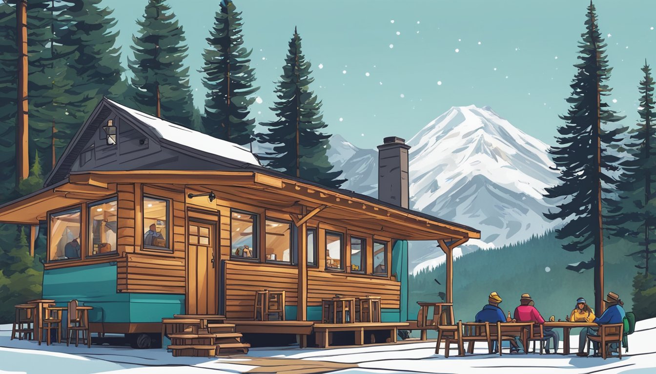 A rustic mountain lodge with a cozy outdoor patio, surrounded by tall pine trees and snow-capped peaks. A line of people eagerly waiting to order from a vibrant taco truck parked nearby