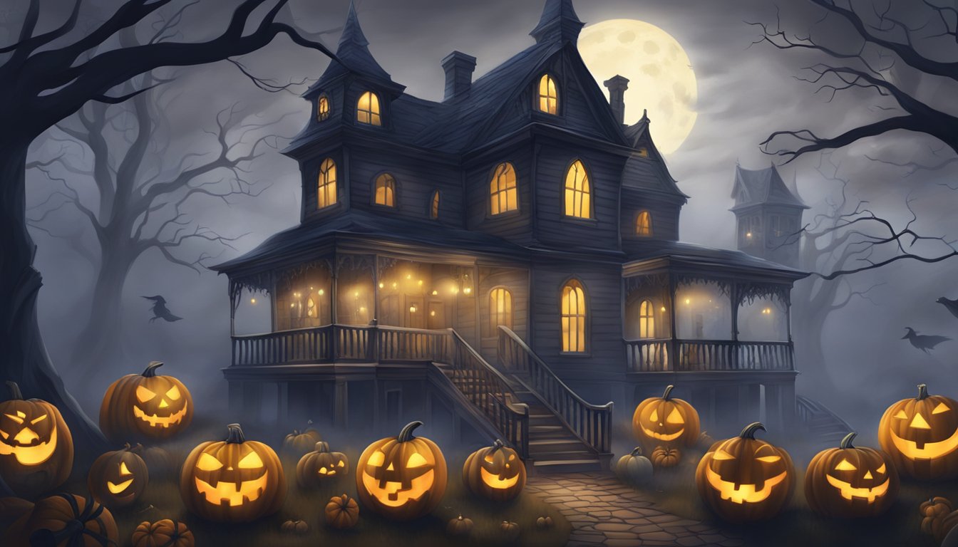 A haunted house with spooky lights, fog, and eerie music. Ghosts, pumpkins, and witches decorate the scene