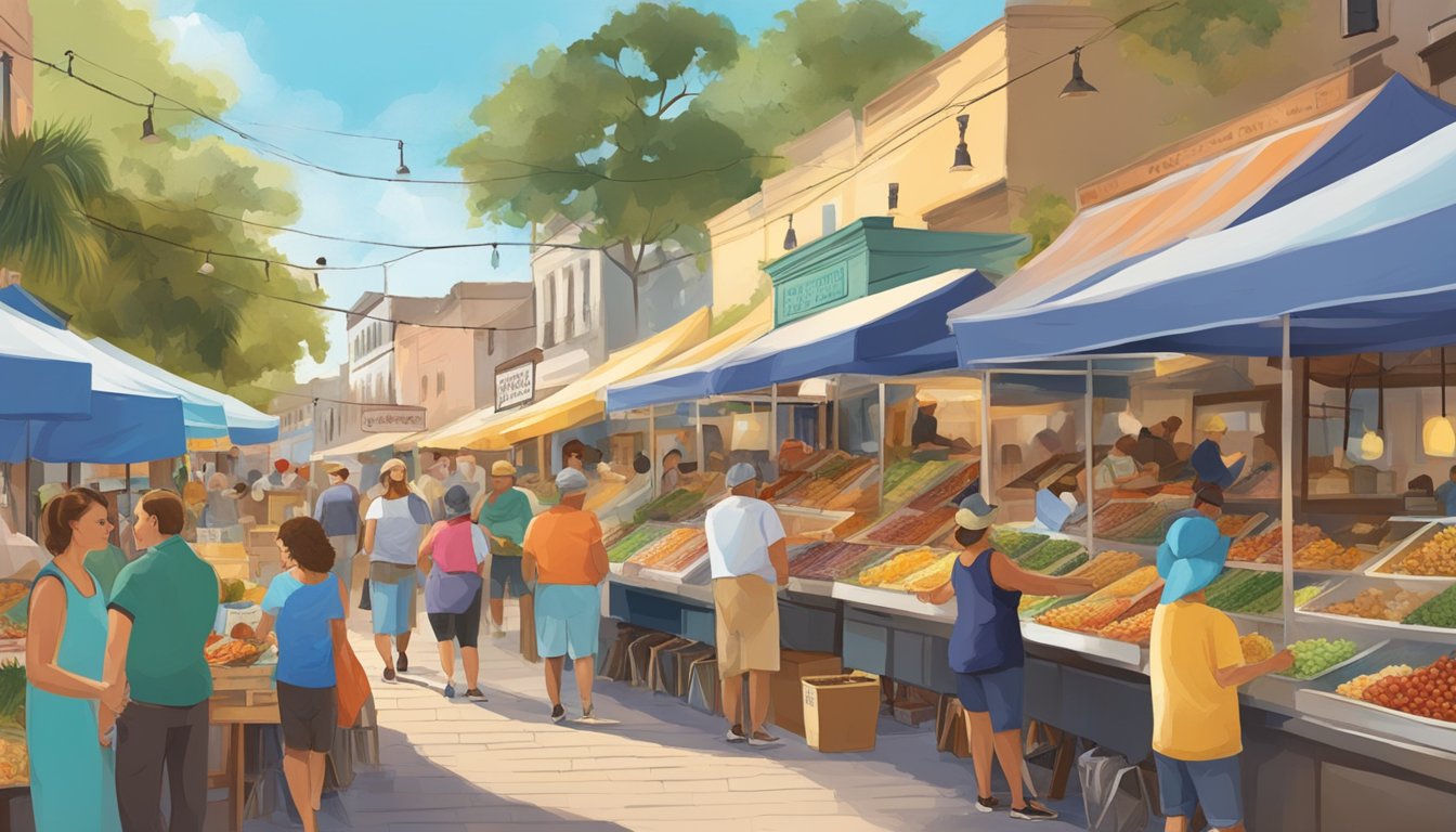 A bustling outdoor market in historic St. Augustine, Florida, with colorful food stalls serving up the best tacos in the area