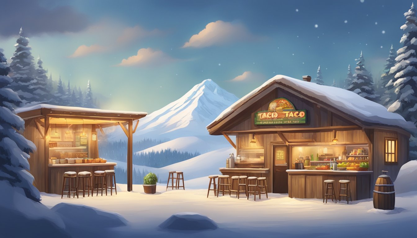 A snowy mountain resort with a rustic taco stand serving a variety of innovative tacos