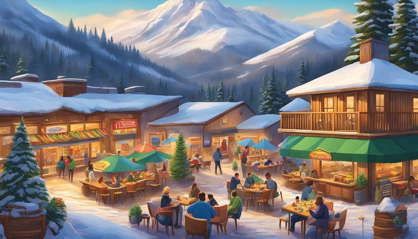 A bustling mountain resort with colorful buildings and outdoor seating, surrounded by pine trees and snow-capped peaks. The aroma of sizzling tacos fills the air