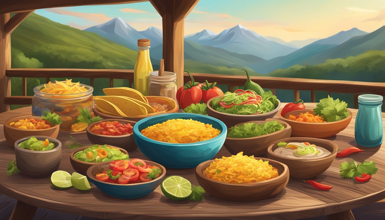 A rustic wooden table with a variety of colorful and flavorful taco ingredients, surrounded by mountainous scenery and a cozy outdoor dining area