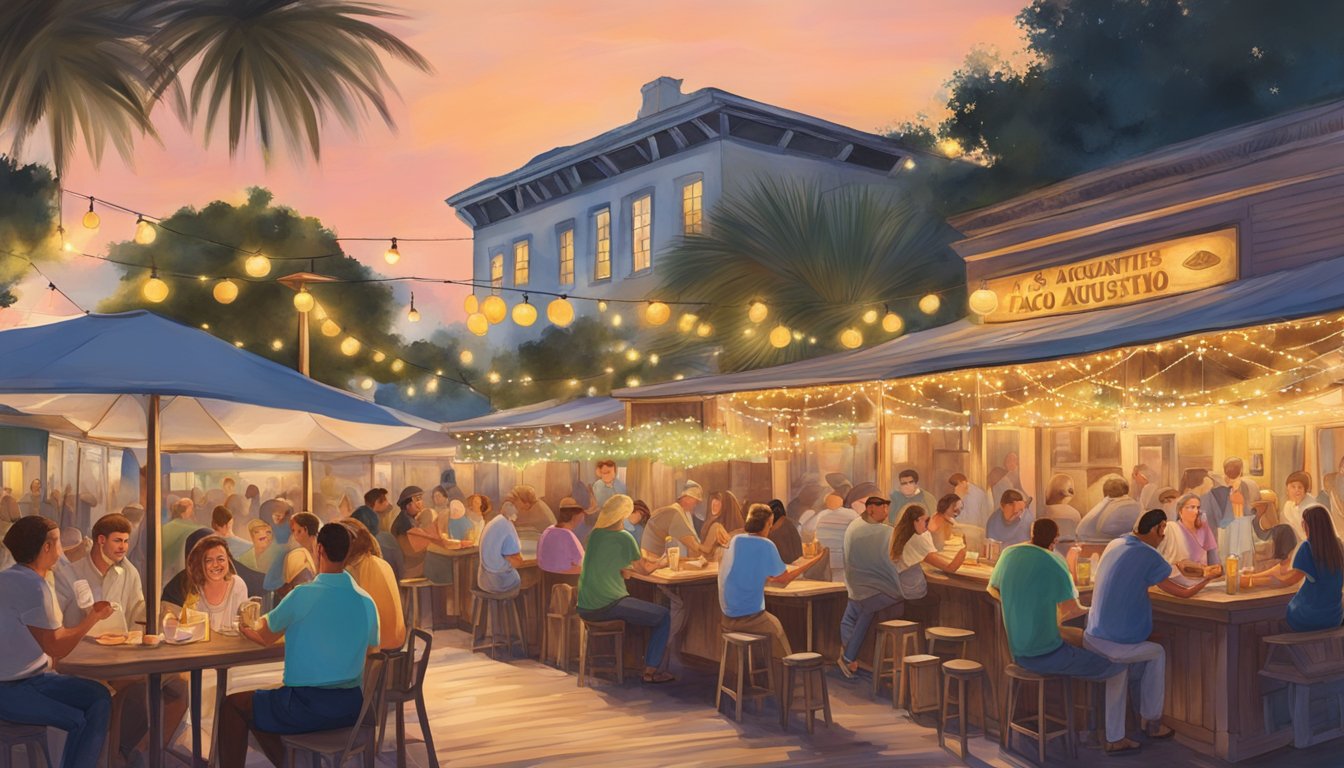 A bustling outdoor taco stand in historic St. Augustine, Florida, with string lights overhead and a lively crowd enjoying their dining experience