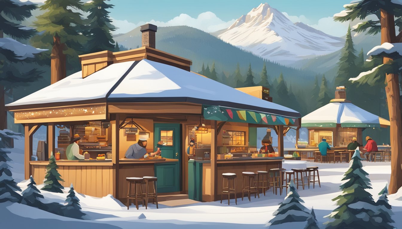 A cozy mountain resort with a rustic taco stand nestled among pine trees, with a backdrop of snow-capped peaks and happy customers enjoying their delicious tacos