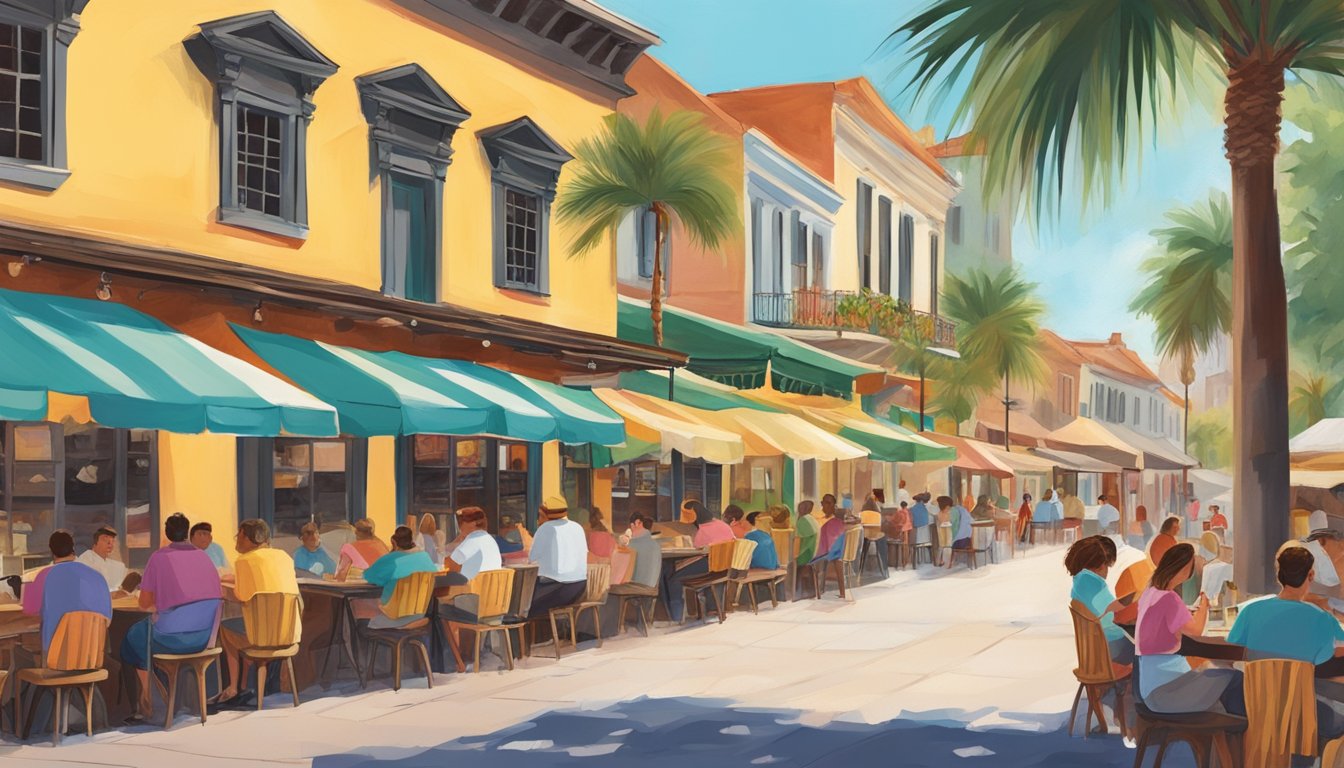 A bustling outdoor taco stand in historic St. Augustine, Florida, surrounded by colorful buildings and palm trees, with groups of people enjoying their meals at outdoor tables