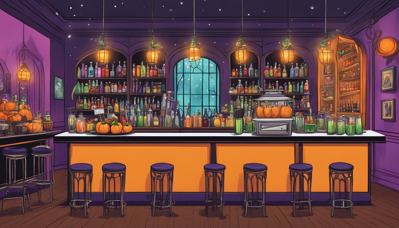 A spooky Halloween-themed buffet and bar with colorful cocktails and eerie treats, set against a backdrop of lively Houston nightlife