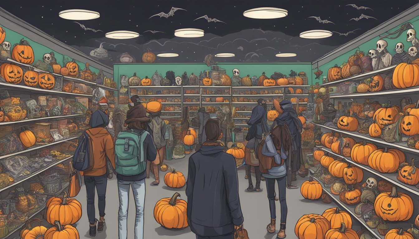 A crowded Halloween retail store in Houston, with shelves stocked with costumes, decorations, and spooky accessories. Customers browse the aisles filled with pumpkins, skeletons, and eerie masks