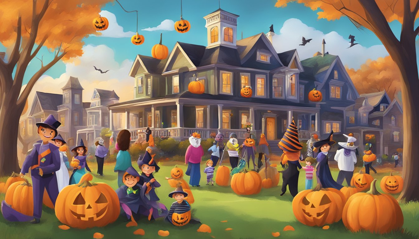 A festive Halloween scene in Houston with colorful decorations, costumed characters, and families enjoying the event while following safety guidelines