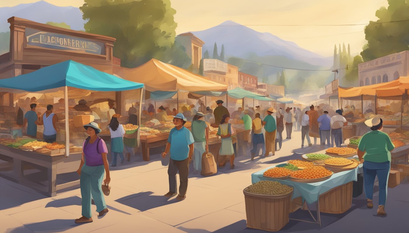 A bustling street market in a Californian pioneer town, with vendors selling a variety of regional tacos from colorful food stalls