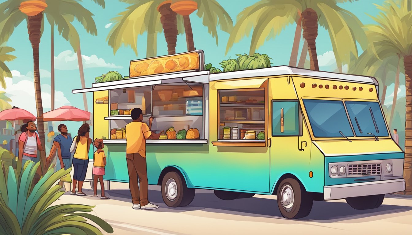 A colorful food truck surrounded by palm trees, with a line of eager customers waiting to order delicious tacos