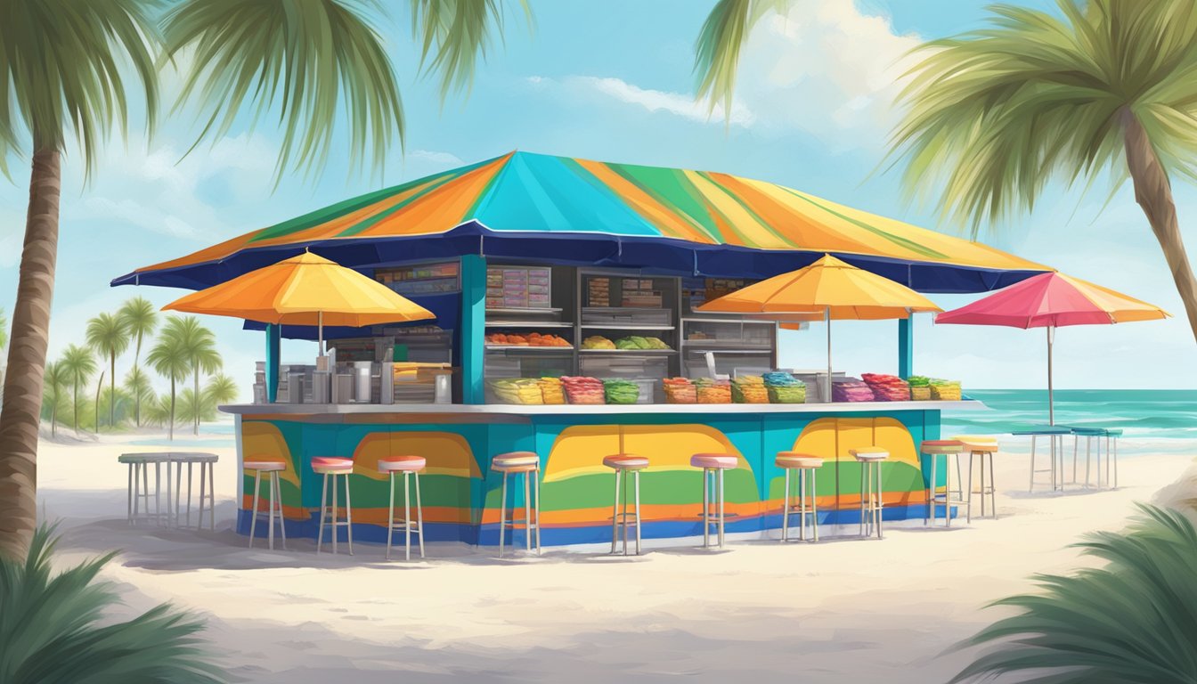 A vibrant taco stand with colorful umbrellas, surrounded by palm trees and white sandy beaches in Florida's Panhandle