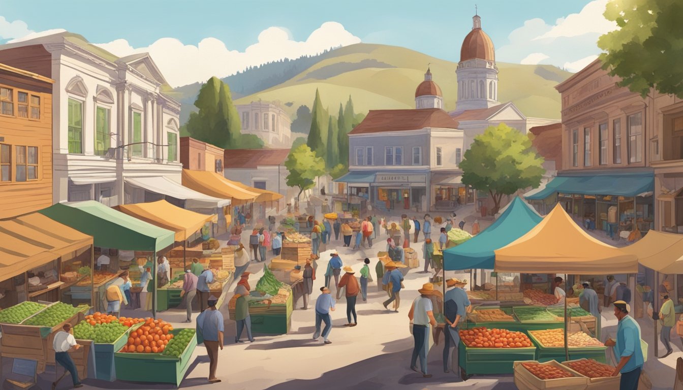 A bustling farmers' market with vendors selling fresh produce and meats, surrounded by historic buildings in a California pioneer town