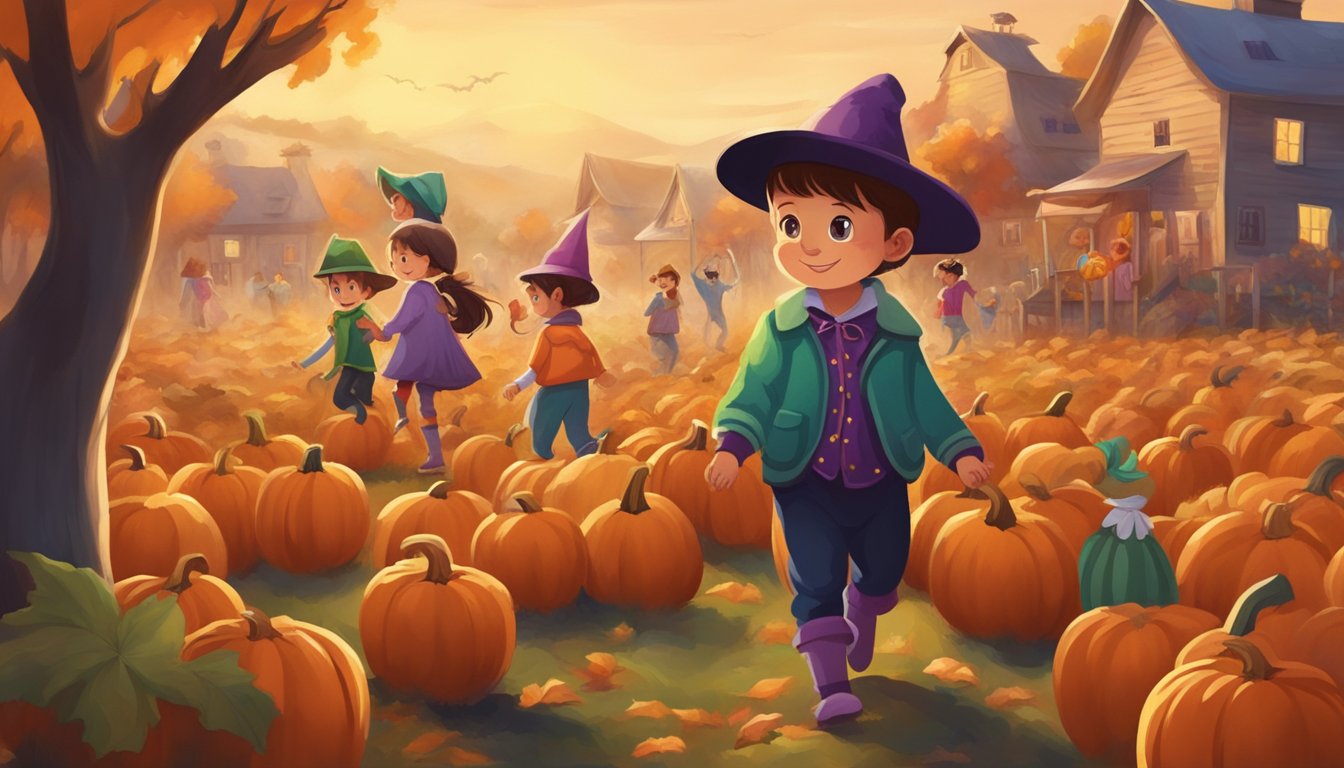 Children in colorful costumes wander through a pumpkin patch, while families enjoy a festive Halloween carnival with games and activities