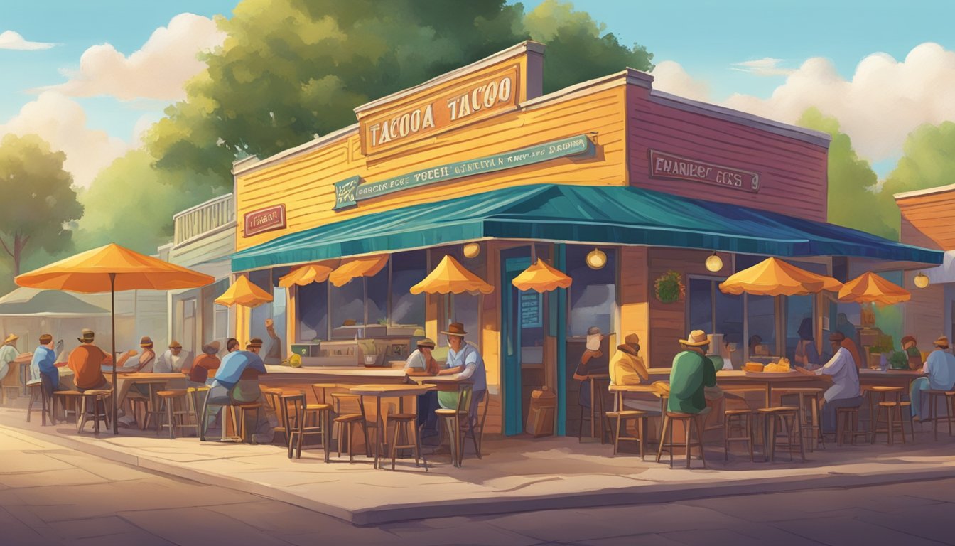 The bustling atmosphere of a Pioneer Town eatery, with colorful decor and the aroma of sizzling tacos filling the air