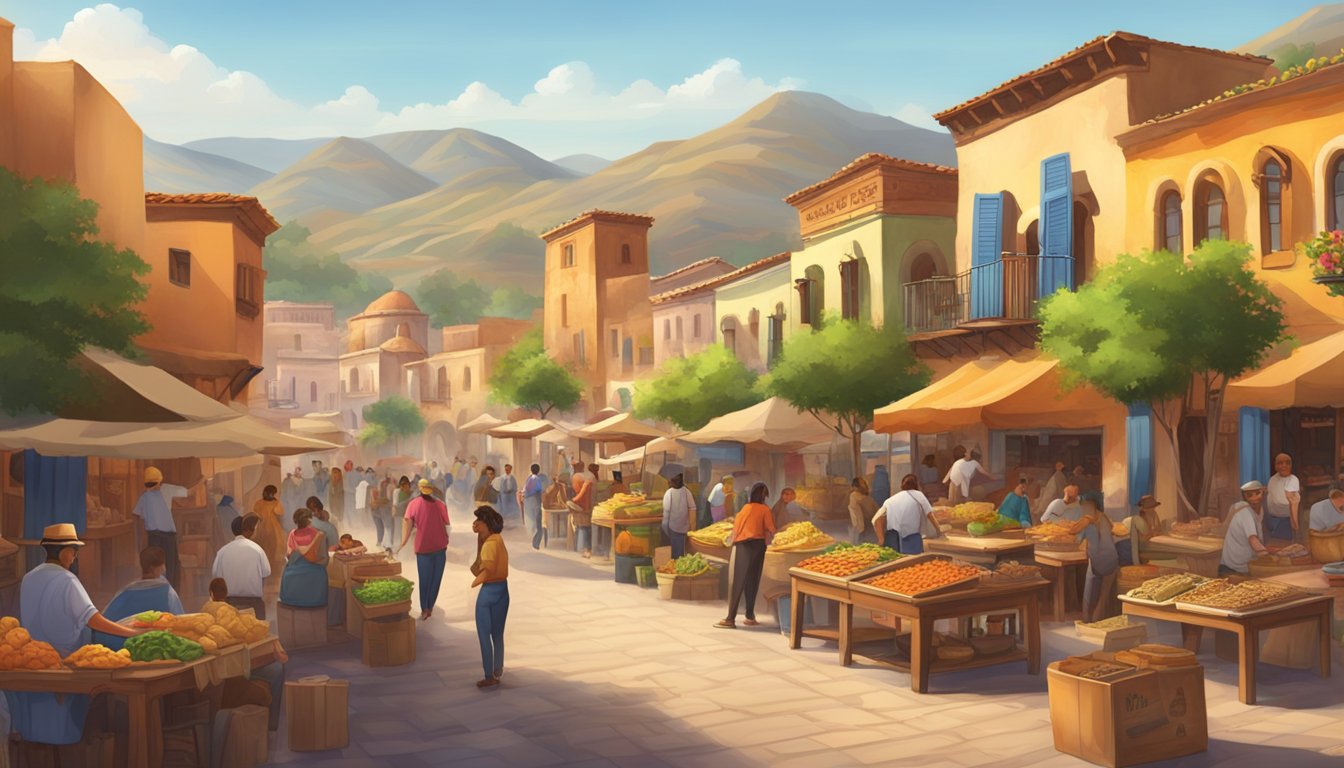 A bustling old town square with colorful adobe buildings and a lively taco market, surrounded by rolling hills and palm trees in the distance