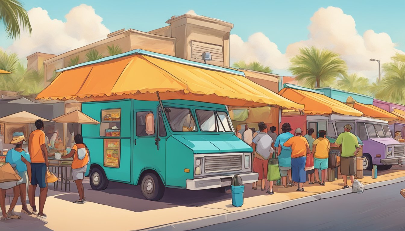 A bustling street lined with colorful taco trucks serving up delicious street eats in Florida's panhandle. The aroma of sizzling meat and spices fills the air as hungry customers line up for a taste of the top tacos