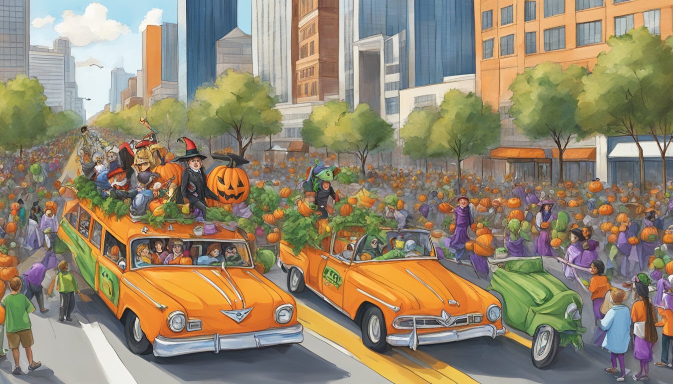 A lively Halloween parade winds through downtown Dallas, with colorful floats, costumed characters, and excited spectators lining the streets