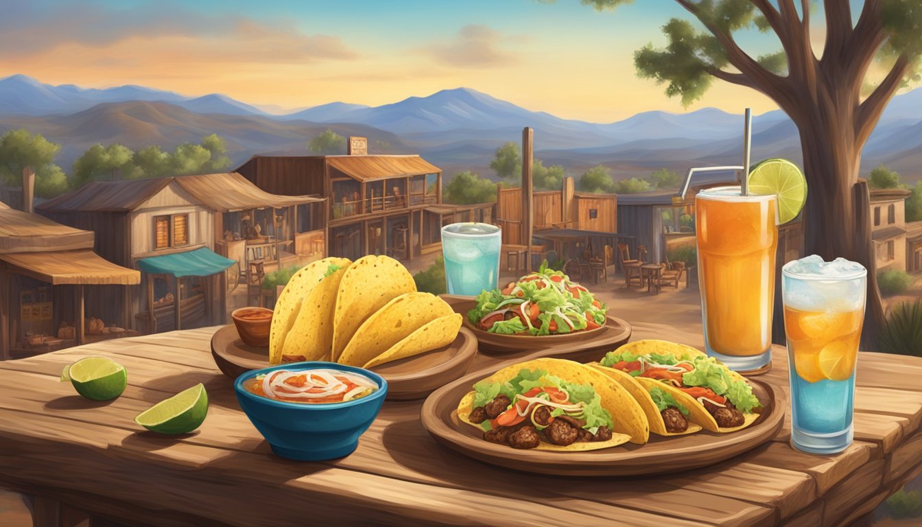 A rustic table with a variety of tacos and accompanying beverages, set against the backdrop of a historic pioneer town in California