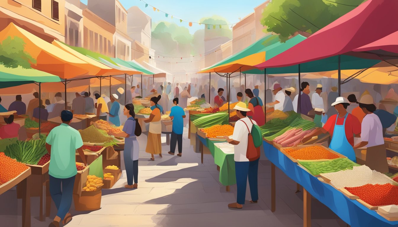 A bustling outdoor market with colorful stalls, showcasing fresh produce and vibrant spices. The aroma of sizzling meat and warm tortillas fills the air