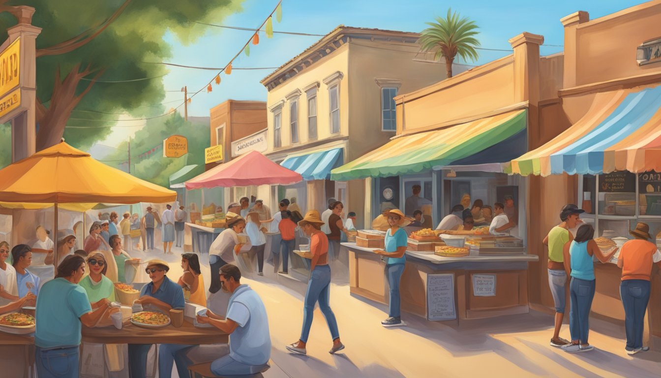 A bustling street in a historic California town, with a colorful taco stand serving up specialty tacos and signature flavors to a crowd of hungry customers