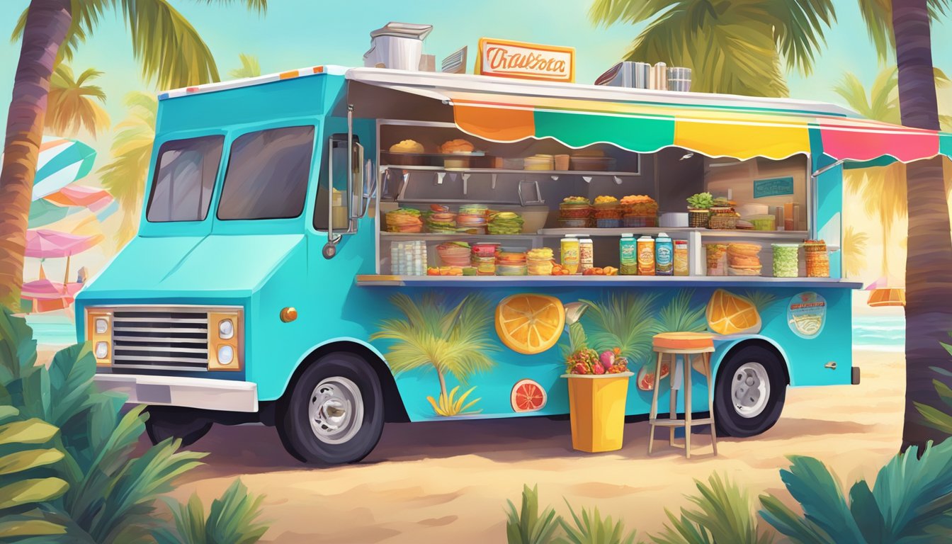 A vibrant food truck surrounded by palm trees and beachgoers, with a colorful array of toppings and sauces on display