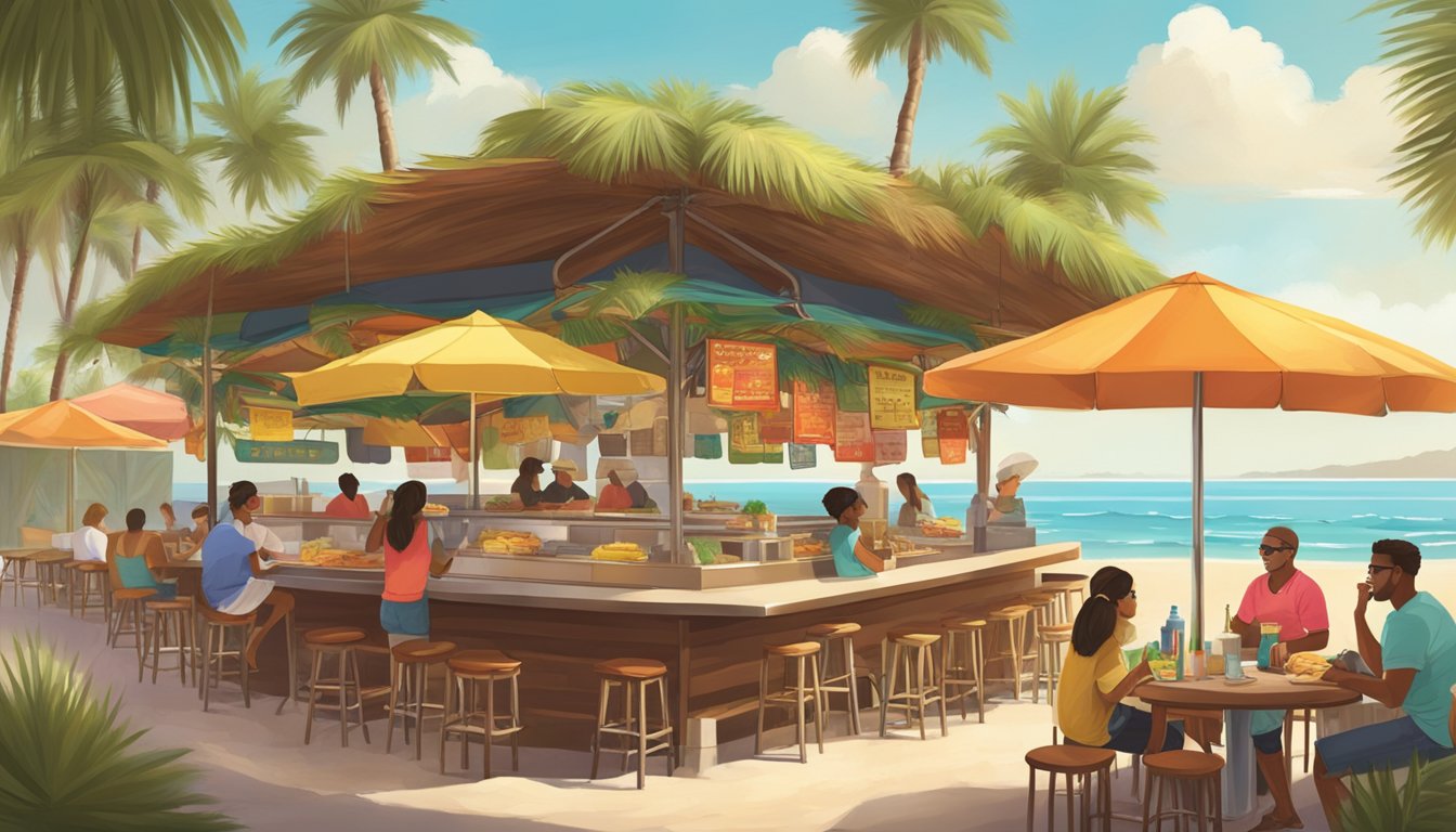 A bustling outdoor taco stand with colorful umbrellas and tables, surrounded by palm trees and a warm coastal breeze