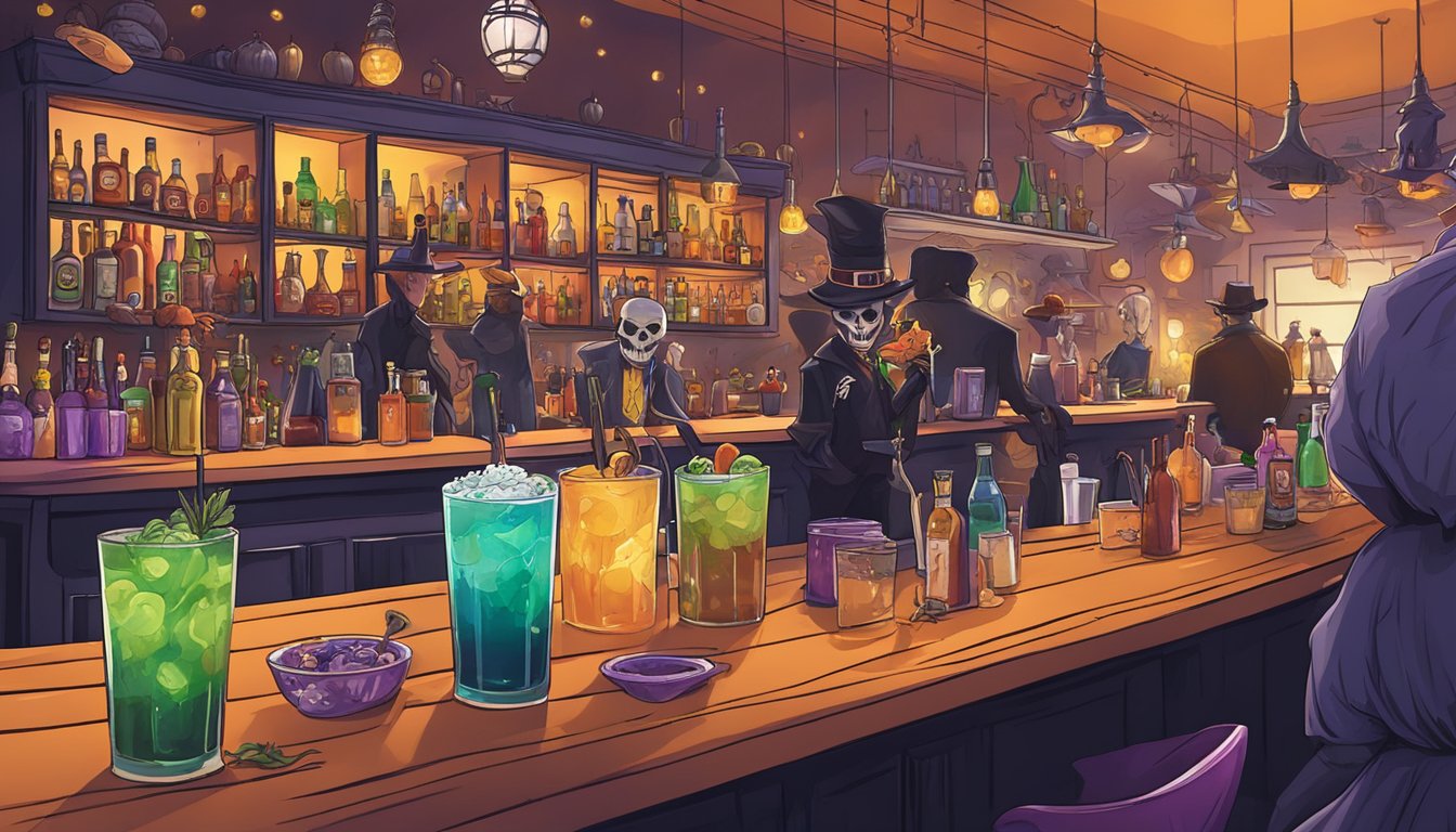 A spooky Halloween-themed bar with colorful cocktails and festive food specials, surrounded by costumed partygoers in Dallas-Fort Worth