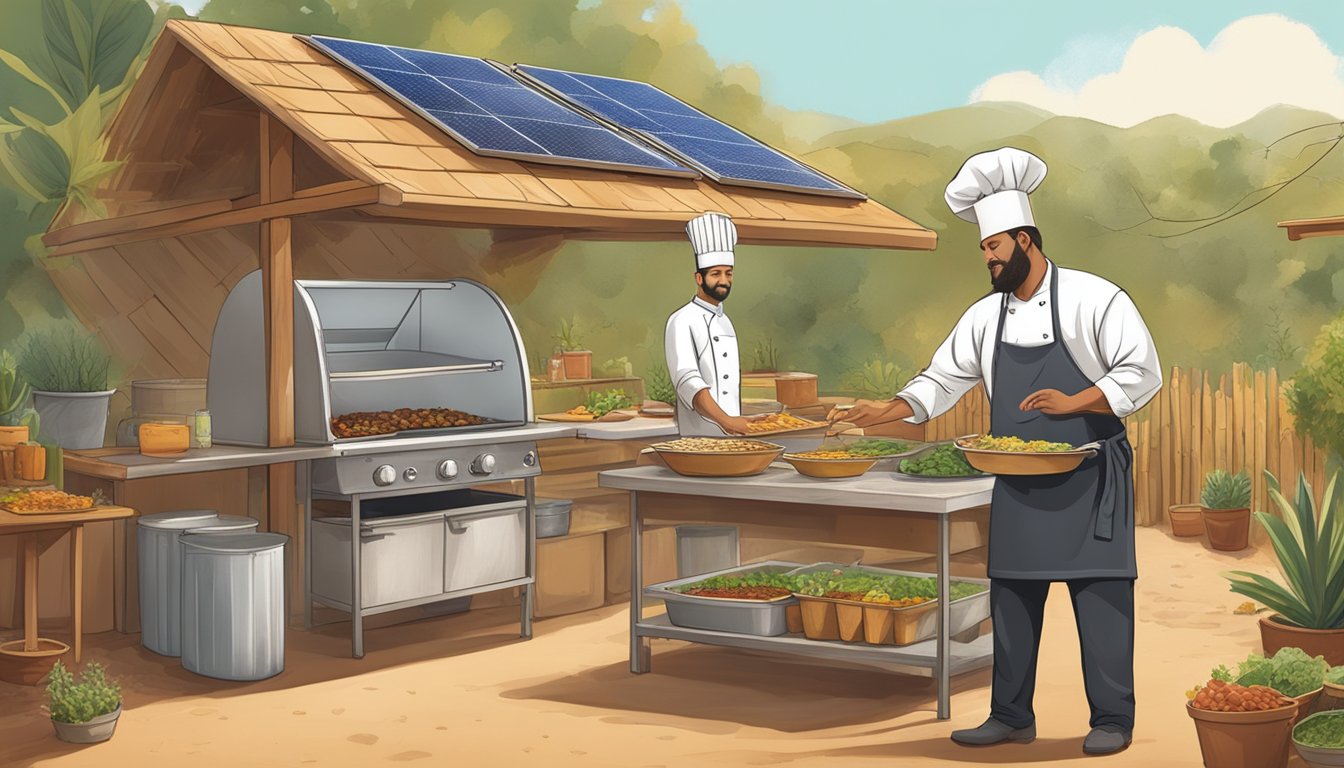 A chef using locally sourced ingredients to prepare tacos in a rustic kitchen with solar panels and compost bins