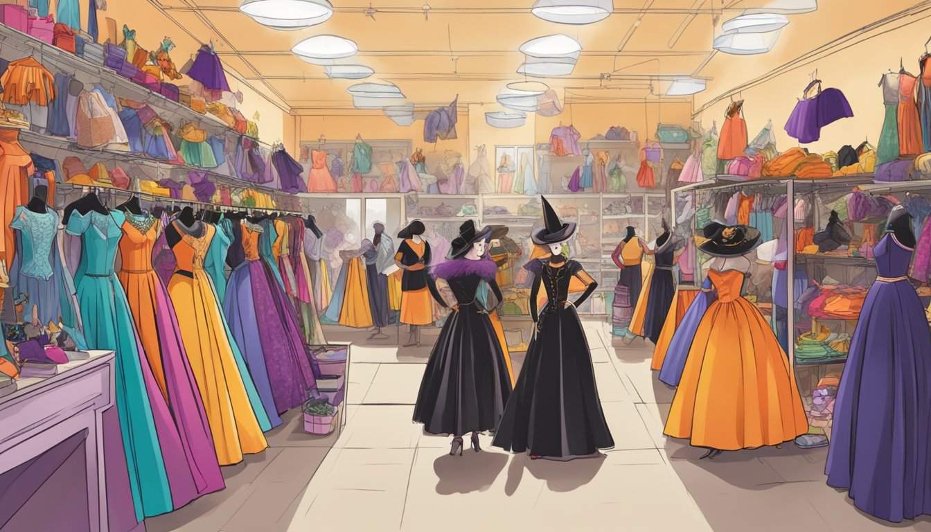 A bustling costume shop with racks of colorful outfits and accessories, surrounded by excited participants preparing for a Halloween contest in Dallas-Fort Worth