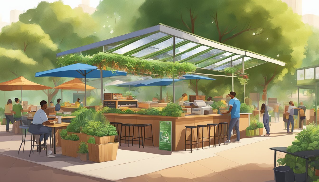 A bustling outdoor taco stand surrounded by lush greenery and solar panels, with compost bins and recycling stations nearby