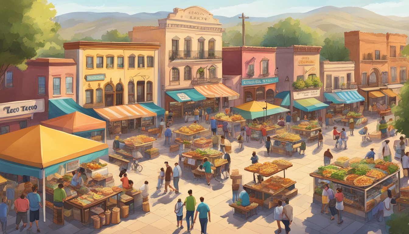 A bustling town square filled with colorful taco stands, locals and tourists enjoying the best tacos in California's pioneer towns