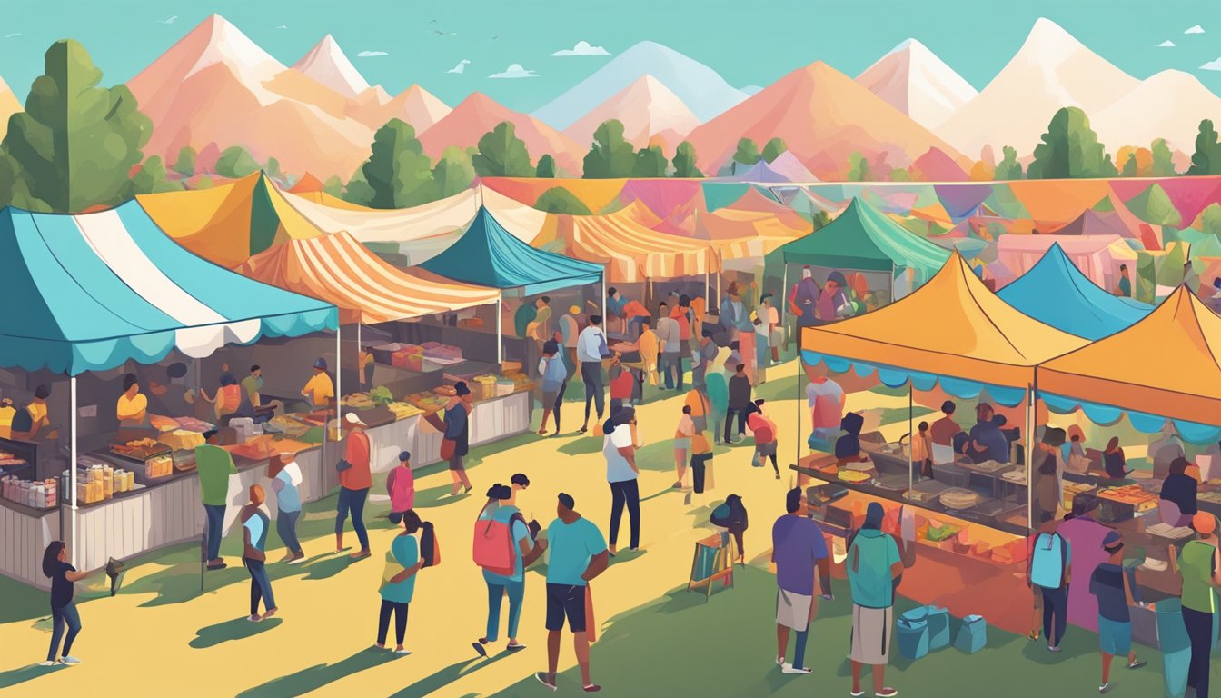 A bustling outdoor festival with colorful tents, food trucks, and lively music. People line up to sample a variety of delicious tacos from vendors