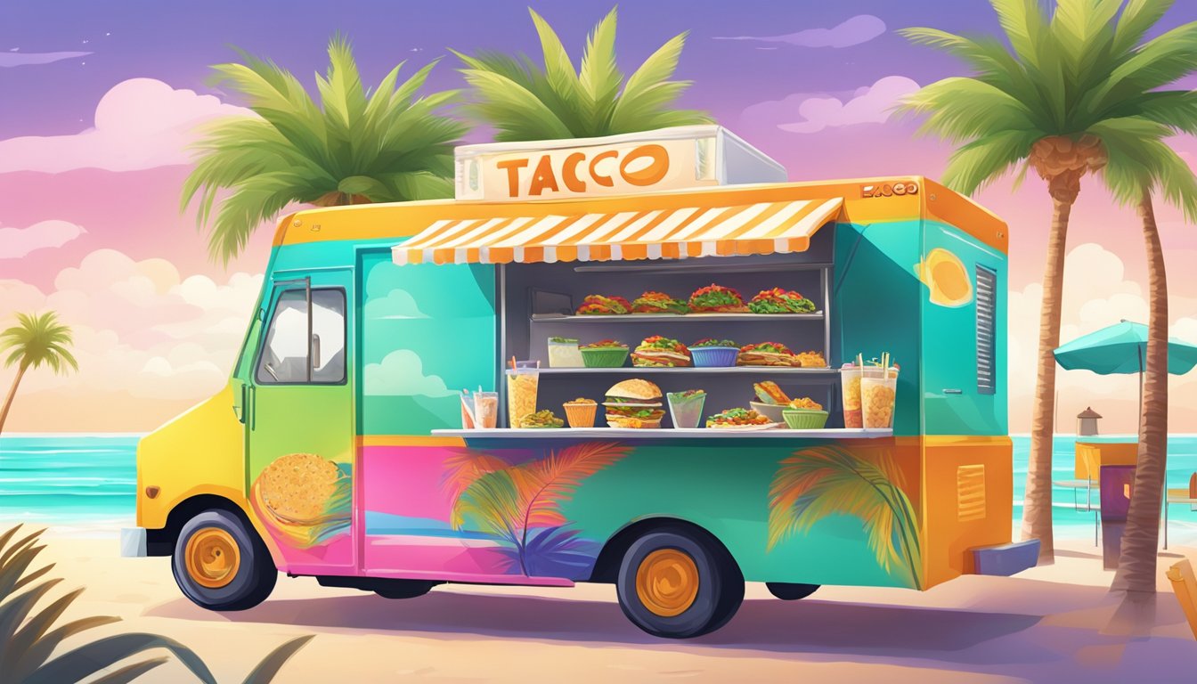 A colorful food truck surrounded by palm trees, serving up a variety of mouthwatering tacos under a bright Florida sun