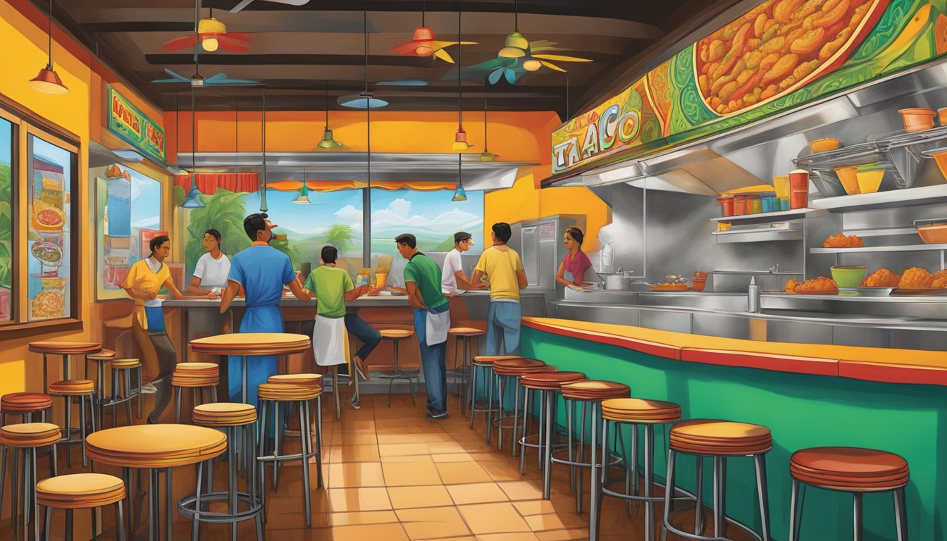 Vibrant murals adorn the walls of a bustling taco stand, where chefs infuse traditional recipes with modern flair. The aroma of sizzling meat and fresh salsa fills the air, as customers admire the colorful artwork