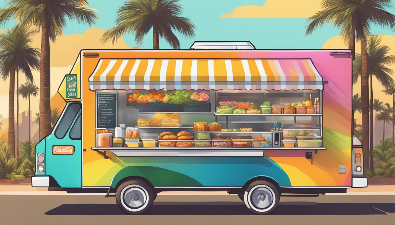 A colorful food truck with a line of hungry customers, palm trees swaying in the background, and the warm Florida sun shining down