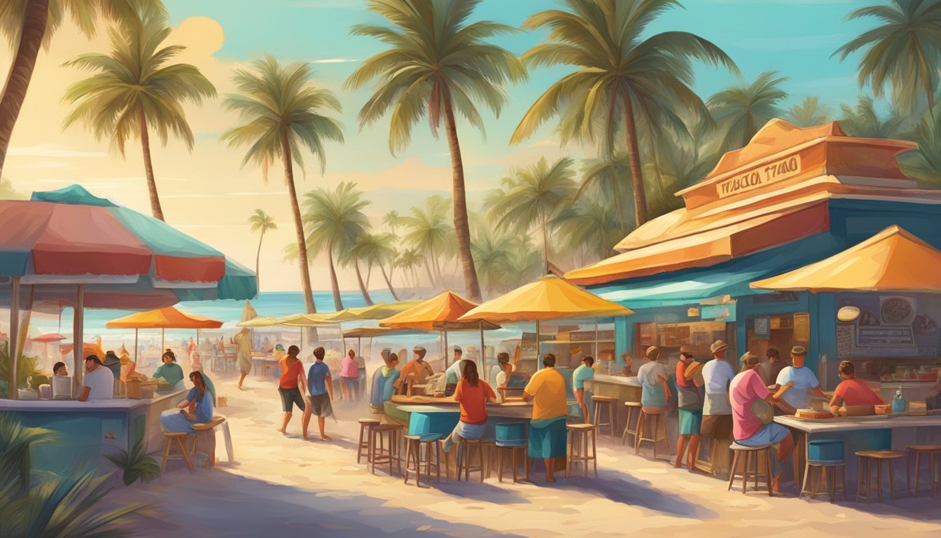 Colorful beachfront taco stands bustling with locals and tourists, surrounded by palm trees and surfboards. The smell of sizzling meat and fresh salsa fills the air