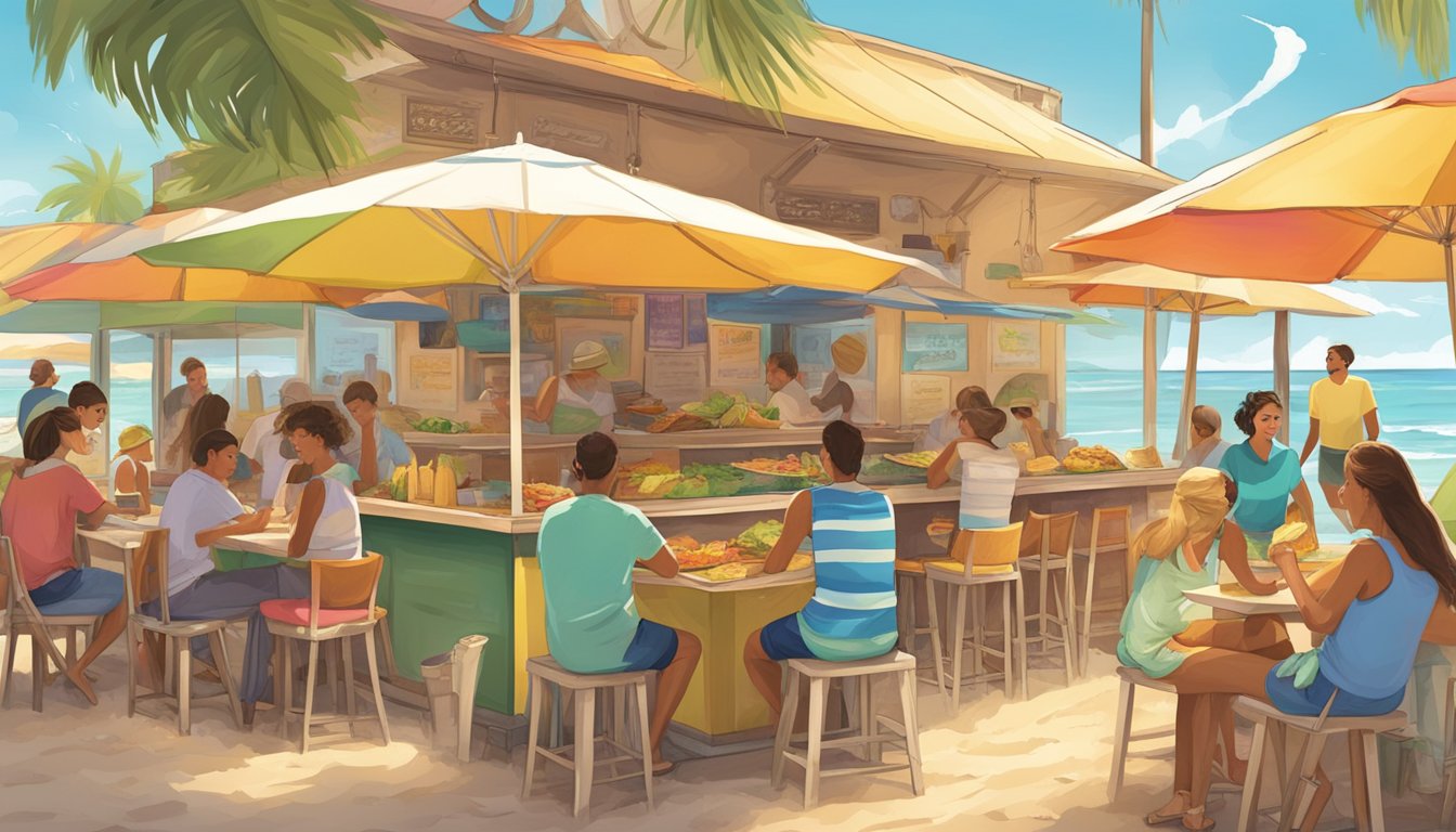 A bustling beachside taco stand with colorful umbrellas, surfboards leaning against the wall, and a lively crowd enjoying fresh, flavorful tacos