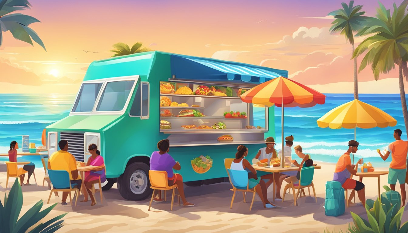 A vibrant beachside scene with a food truck serving up delicious tacos under a colorful umbrella, with happy customers enjoying the ocean view