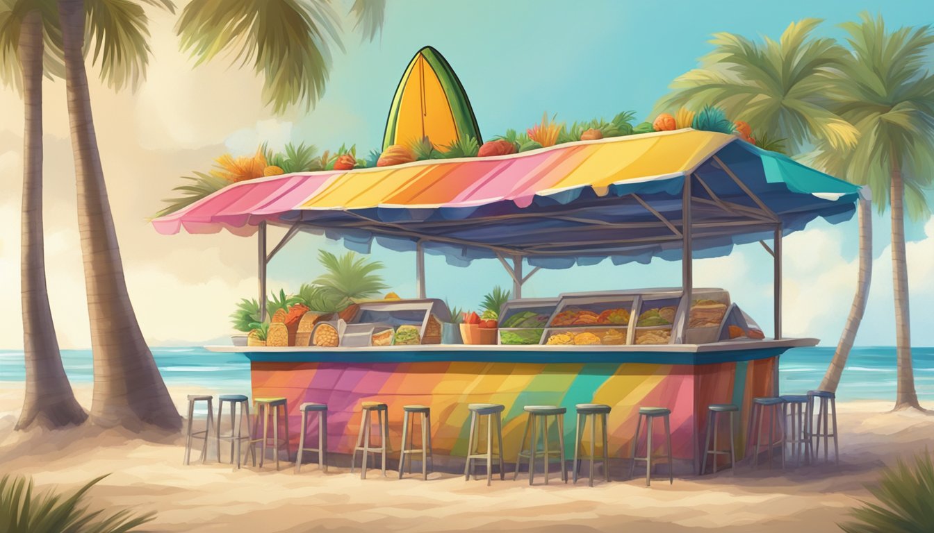 A colorful beachside taco stand with surfboards propped up against the wall, surrounded by palm trees and the sound of crashing waves