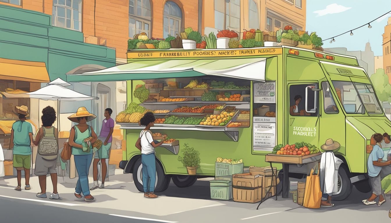 A bustling farmers market with vendors selling fresh, locally sourced ingredients. A food truck with a "sustainability" banner serves up mouthwatering tacos