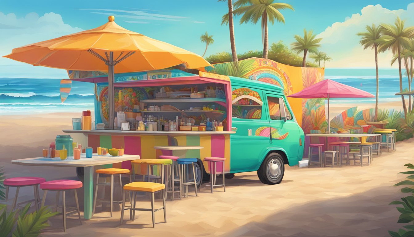 A colorful beachside taco stand with a vibrant mural backdrop, surrounded by surfboards and art installations, with a view of the Pacific Ocean