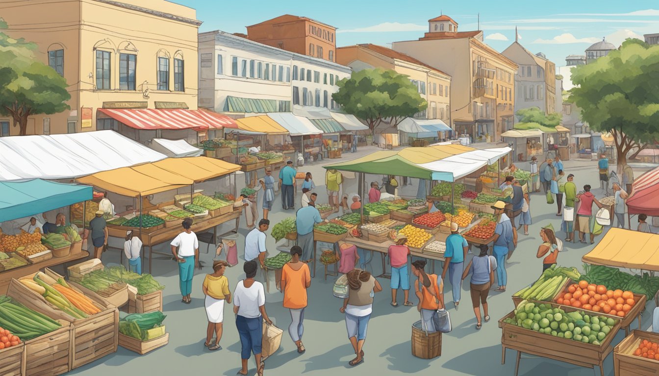 A bustling farmers market with vendors selling fresh, locally sourced ingredients. The ocean and surfboards in the background