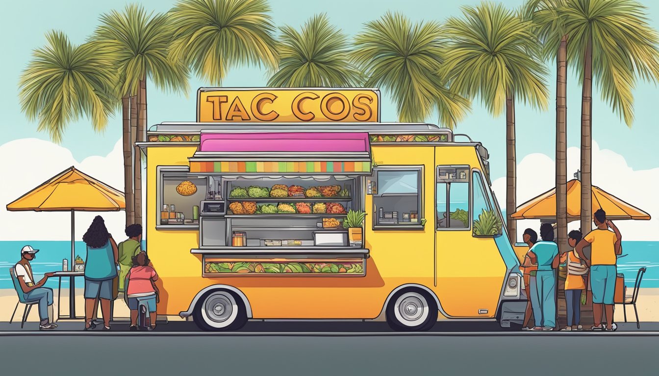 A colorful food truck surrounded by palm trees, with a line of customers eagerly waiting for their delicious tacos