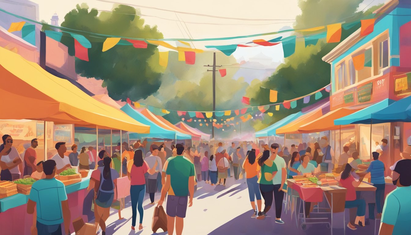 A vibrant street festival with colorful food trucks and lively crowds enjoying tacos in the midst of California's artistic communities